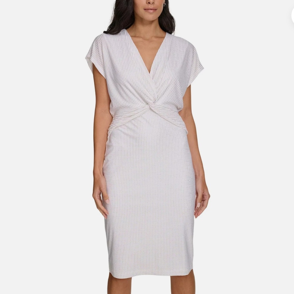 Calvin Klein Women's Metallic-Dot Twisted Front MIDI Dress - Med Beige